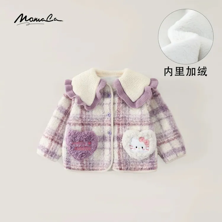 MOMOCO冬季25新款女童洋气翻领紫色爱心可爱毛呢外套77830107038