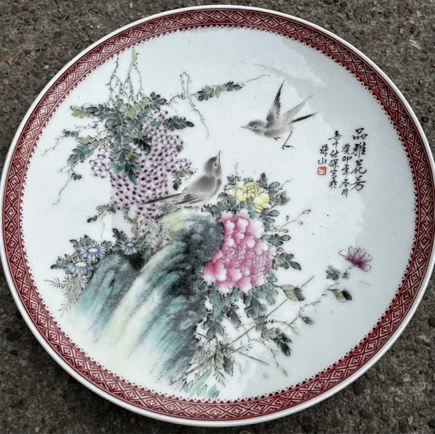 全美品粉彩花鸟赏盘、手工手绘