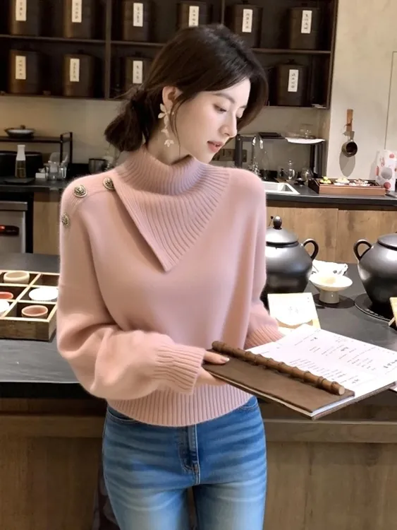 Y238毛衣女款新款独特超好看时髦洋气收腰法式高领粉色针织上衣