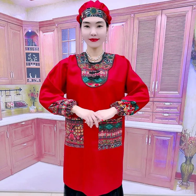 防水防污碎花民族风工作服复古围裙套装J