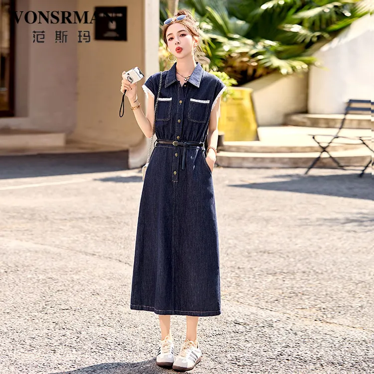 蕾丝花边拼接牛仔连衣裙女夏薄款2025新款高级感气质收腰显瘦长裙