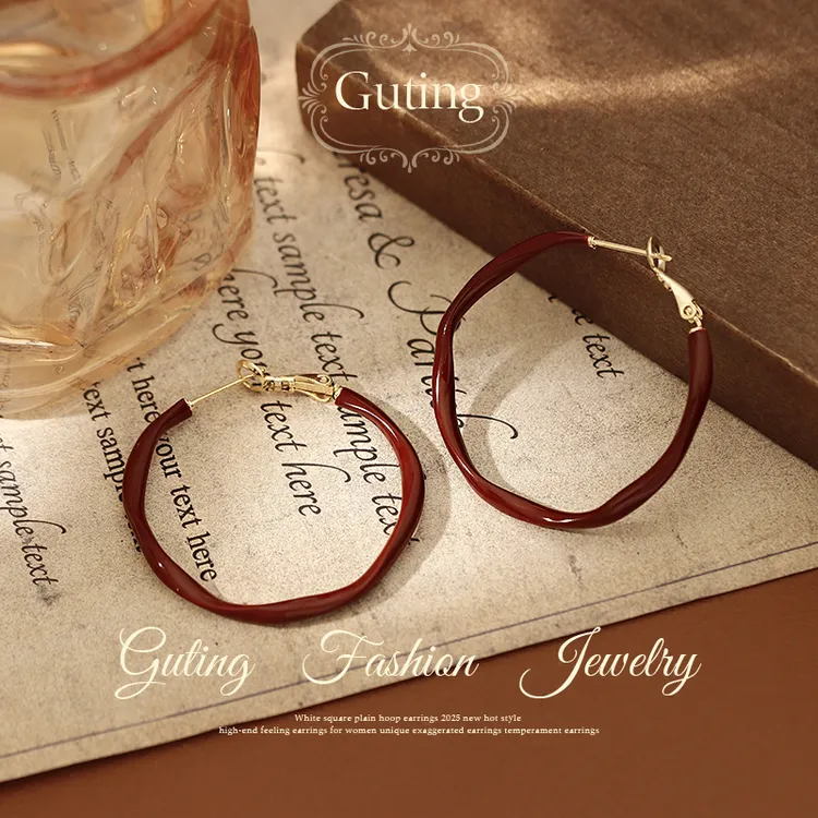 铜合金耳饰 22419复古不规则红色圈圈耳圈耳环女夸张耳饰耳钉