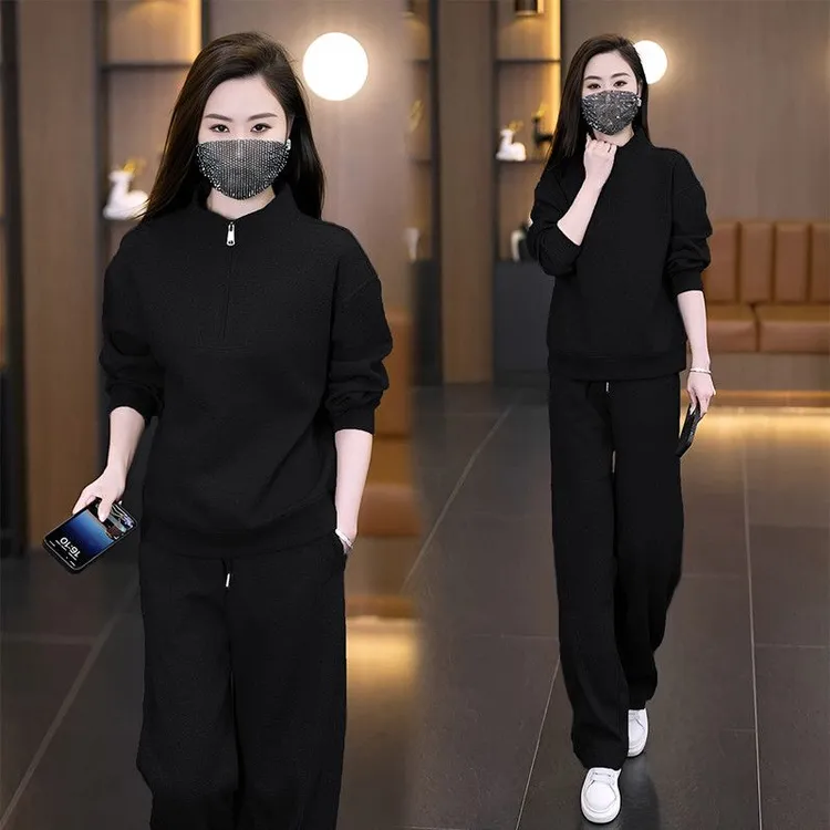 休闲风时尚套装2025春秋季新款立领百搭显瘦气质减龄长裤两件套