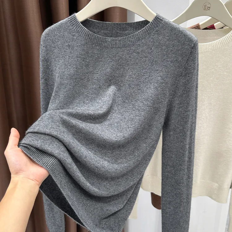 灰色时尚小圆领针织T恤女秋季新款通勤长袖打底小衫软糯内搭上衣