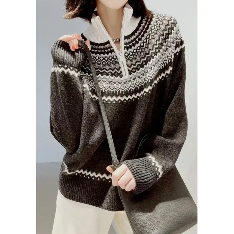 羊毛衫女费尔岛网红时尚百搭上衣洋气宽松打底衫撞色针织提花毛衣