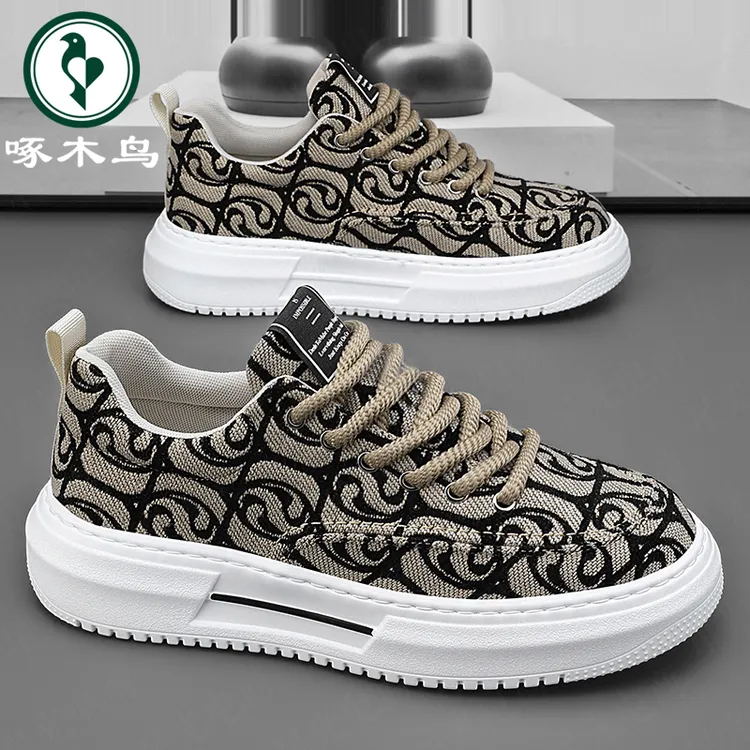 【正品】啄木鸟男鞋新款透气男士帆布鞋时尚百搭厚底增高休闲潮板鞋