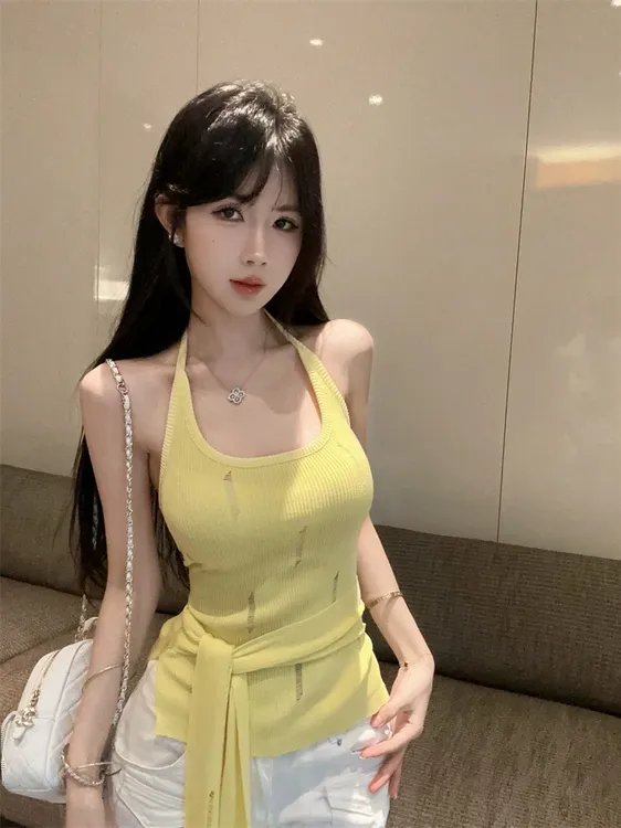 多巴胺黄色挂脖针织吊带背心女夏季泰式甜辣妹绑带抹胸小上衣绝美