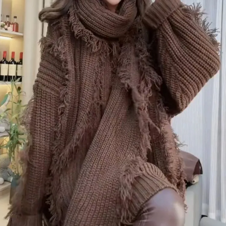 秋冬高档重工流苏毛衣休闲围巾两件套百搭针织衫开叉上衣