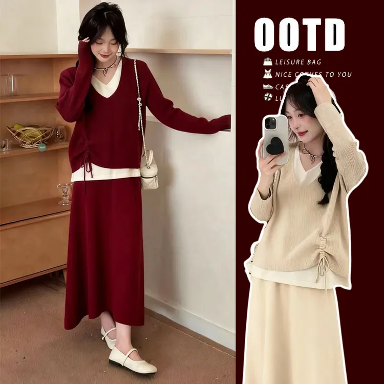 孕妇套装秋冬2025新款时尚休闲显瘦假两件针织衫半身裙两件套