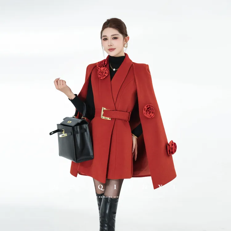 MD定制·杨千亿【茶歇玫瑰】2025冬季显瘦时尚女神斗篷毛呢外套