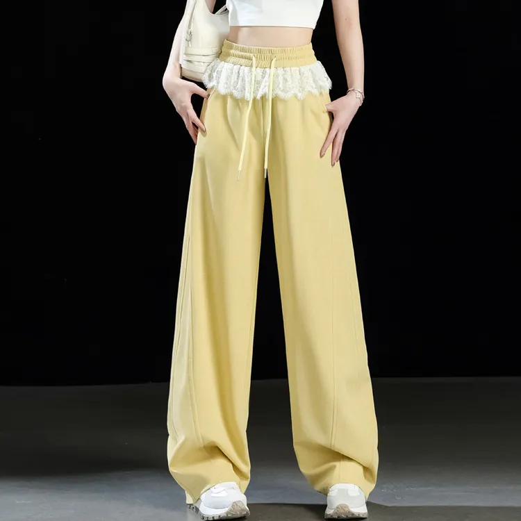黄色运动裤女夏薄款蕾丝花边裤子女款小个子直筒香蕉裤阔腿裤卫裤