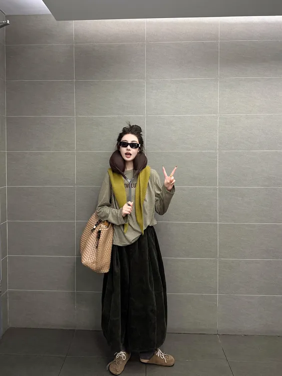 秋季新款宽松披肩上衣松紧腰百搭老钱风女装阔腿裤休闲裤女装