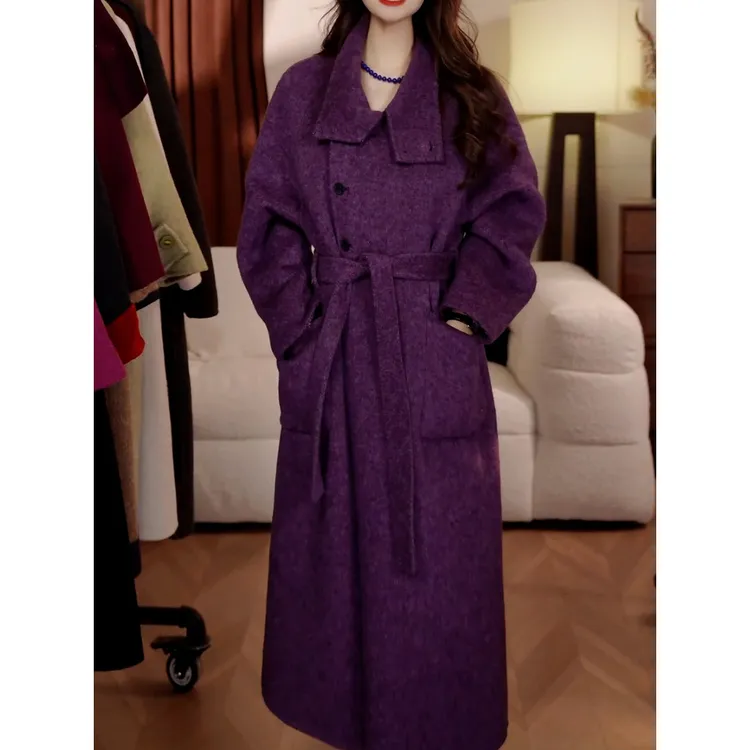 韩版时尚高级感双面毛呢外套2025冬季新款系带收腰百搭长款呢大衣