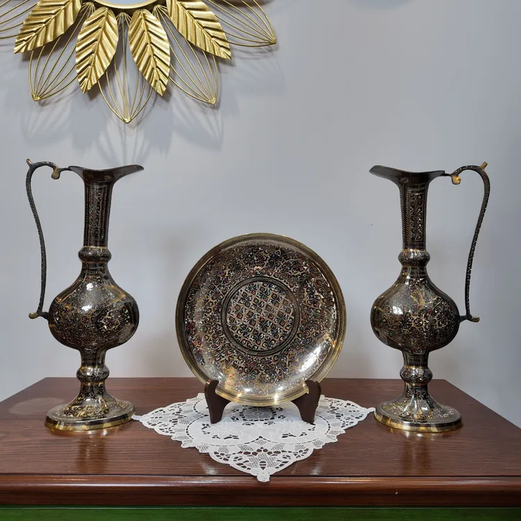 纯手工珐琅彩花纹铜雕扁壶花瓶客厅民族风kandil黄铜装饰摆件