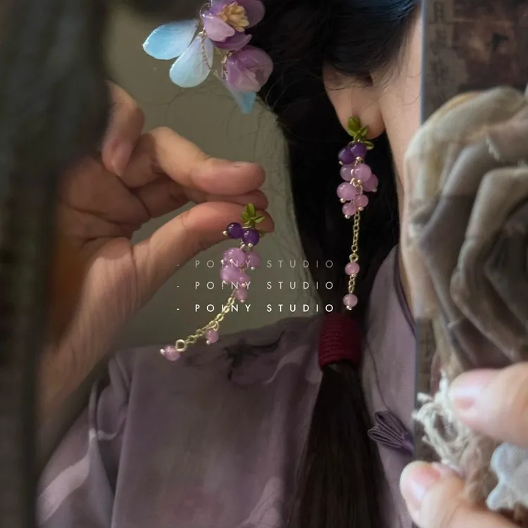 铁合金锆石耳饰 复古紫色葡萄串流苏耳环女小众设计感精致感长款