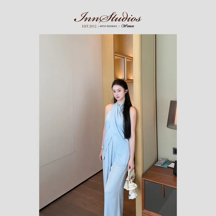 Innstudios 治愈蓝天丝亚麻挂脖背心长裤套装