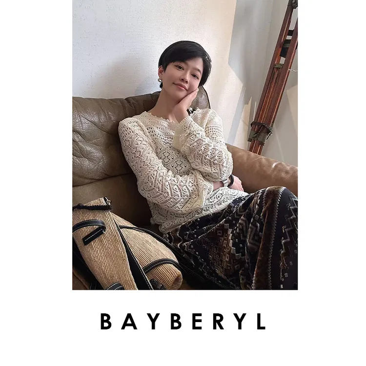 BAYBERYL老贝呼吸白*法式慵懒花纹镂空百搭春针织衫ZZS5C2901