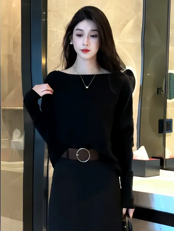 高级感轻熟风一字领蝙蝠袖针织衫女2025秋冬新款小众百搭显瘦上衣