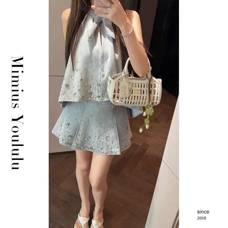 【mimius】U 重工钉珠兔耳朵蝴蝶结无袖上衣+裙裤(正腰) WG05041