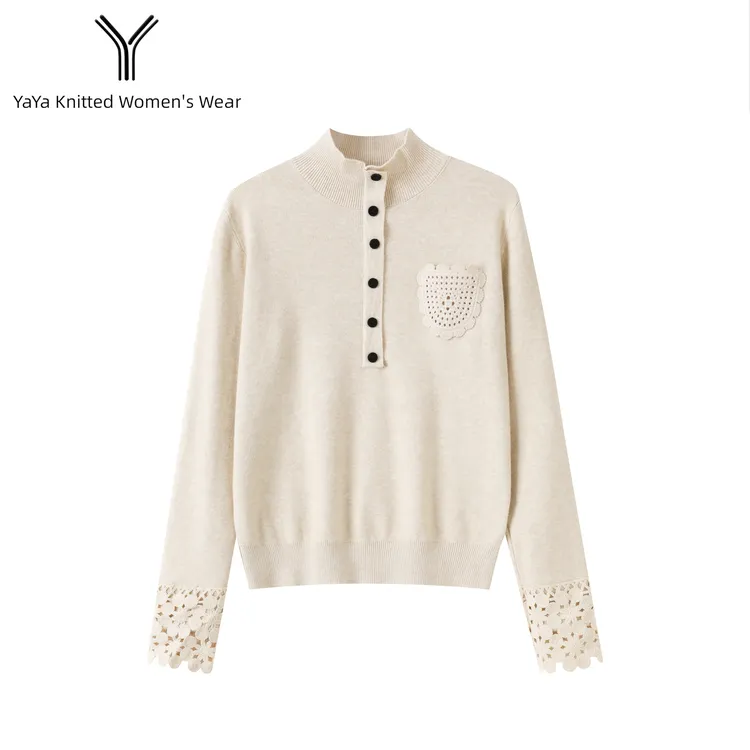 高级感勾花镂空口袋设计打底衫丝绒扣针织衫女纯色上衣毛衣8635