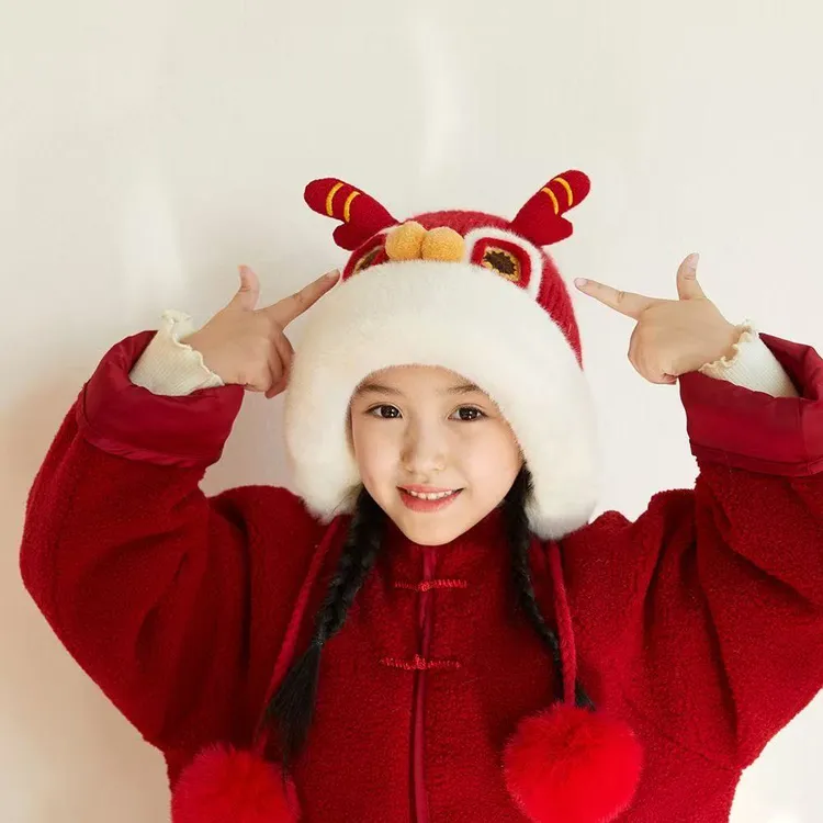 儿童帽子秋冬季女童新年红色醒狮女宝宝保暖针织护耳帽男童过年帽