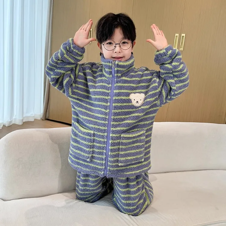 儿童装男童睡衣秋冬款家居服加绒加厚冬季中大童珊瑚绒男孩法兰绒