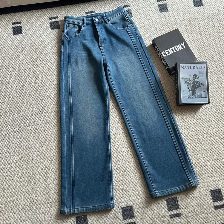 【米可家】小马刺绣双车线加绒加厚牛仔阔腿裤7169