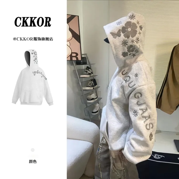 CKKOR秋冬加绒加厚刺绣连帽卫衣女美式高街宽松百搭潮流休闲上衣 