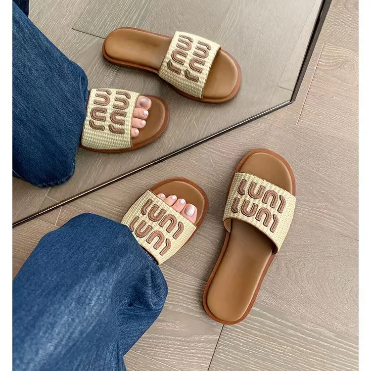 复古编织亚麻一字女外穿2025夏季度假平底沙滩女凉拖外穿