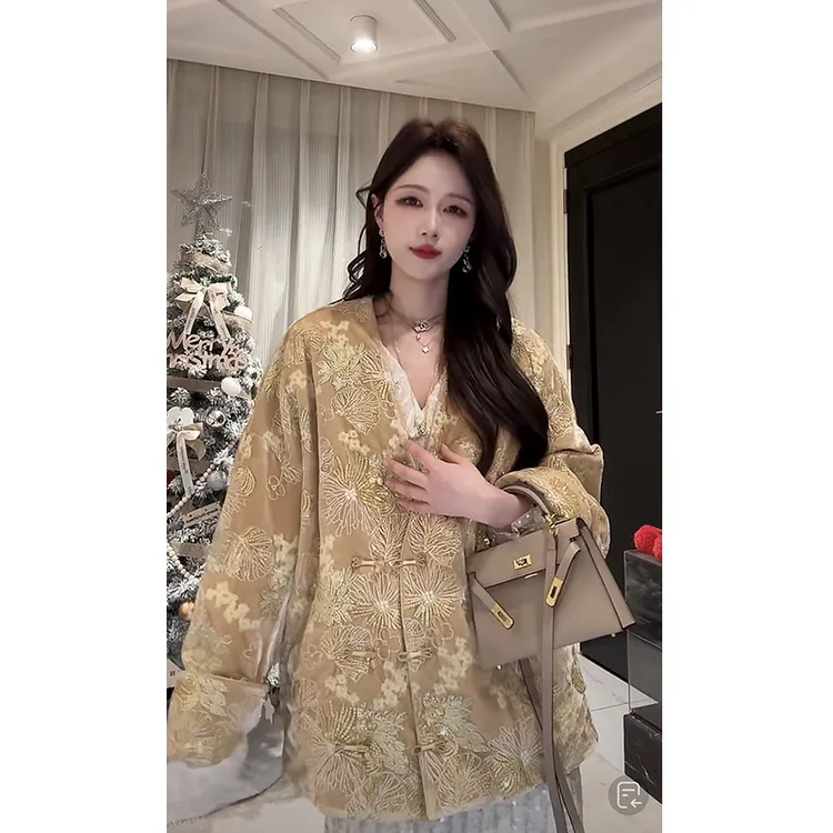 鱼er【金蕊浮香】设计师高定/新中式国风亮片刺绣羽绒外套