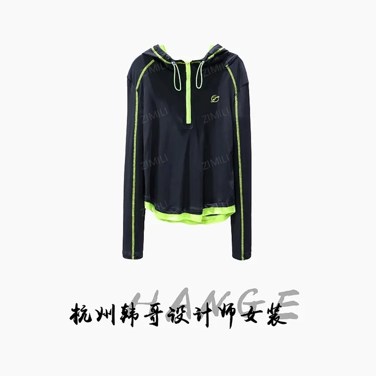 【韩哥女装】2025秋冬新品《黑天鹅》黑色撞色假两件连帽卫衣5677-E3