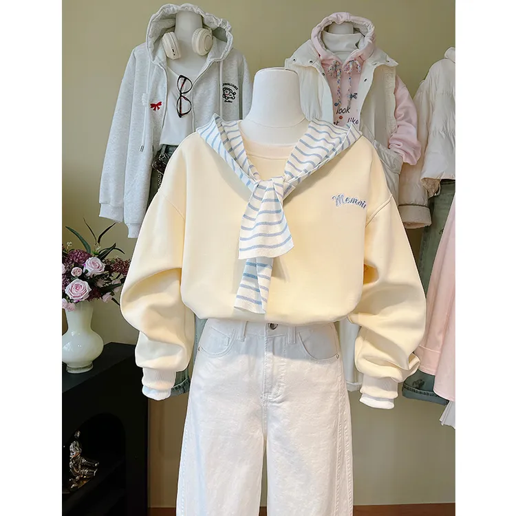 杏色条纹披肩设计感圆领卫衣女2026加绒小众学院风韩版小众外套潮