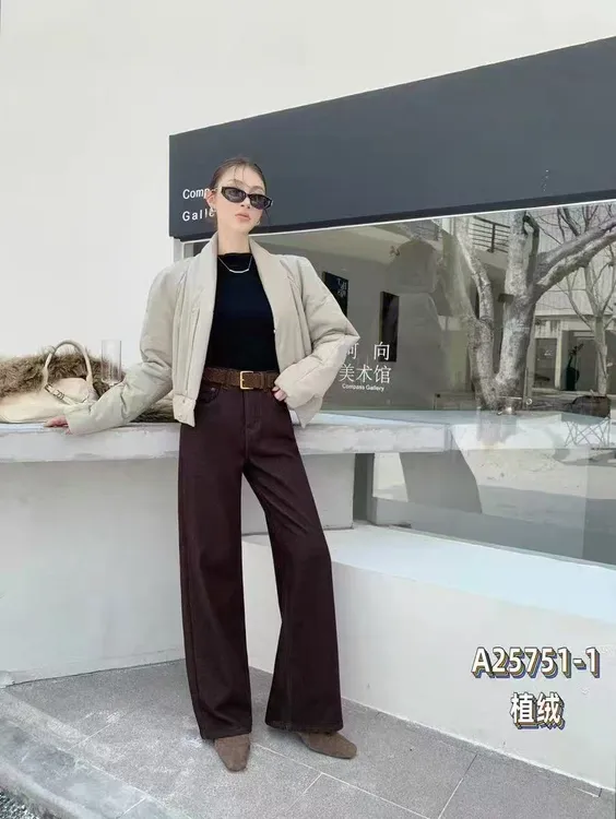 751冬季底抓毛阔腿牛仔裤中高腰弹力咖啡色休闲拖地裤长度103