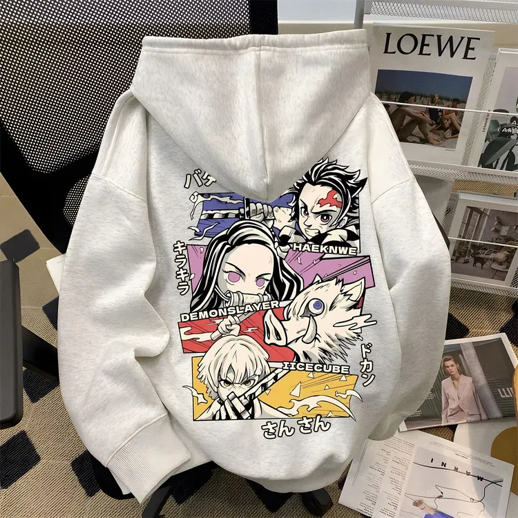 鬼灭之刃动漫复古印花连帽卫衣男女同款秋冬加绒宽松休闲情侣外套