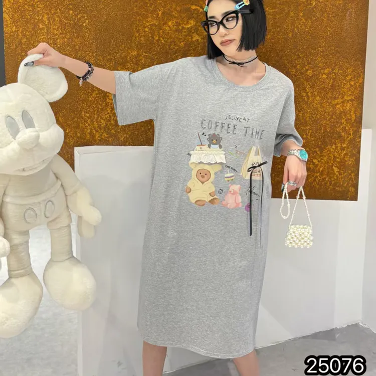 夏季新款小熊家卡通印花蝴蝶结长款T恤睡裙休闲宽松短袖家居服