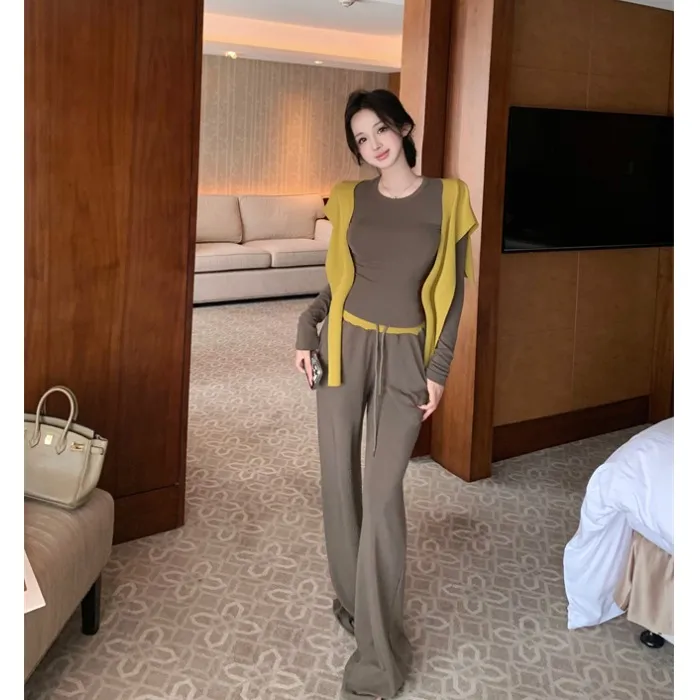 休闲套装修身长袖打底T恤黄色披肩上衣女秋季阔腿裤直筒裤三件套