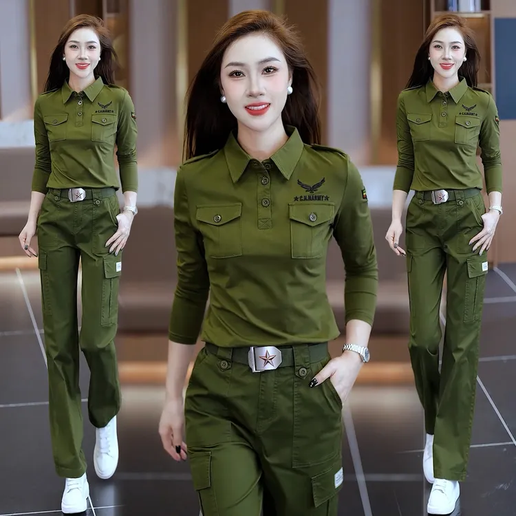 军绿色迷彩服套装女秋季新款纯棉工装直筒长裤广场舞水兵舞服装潮