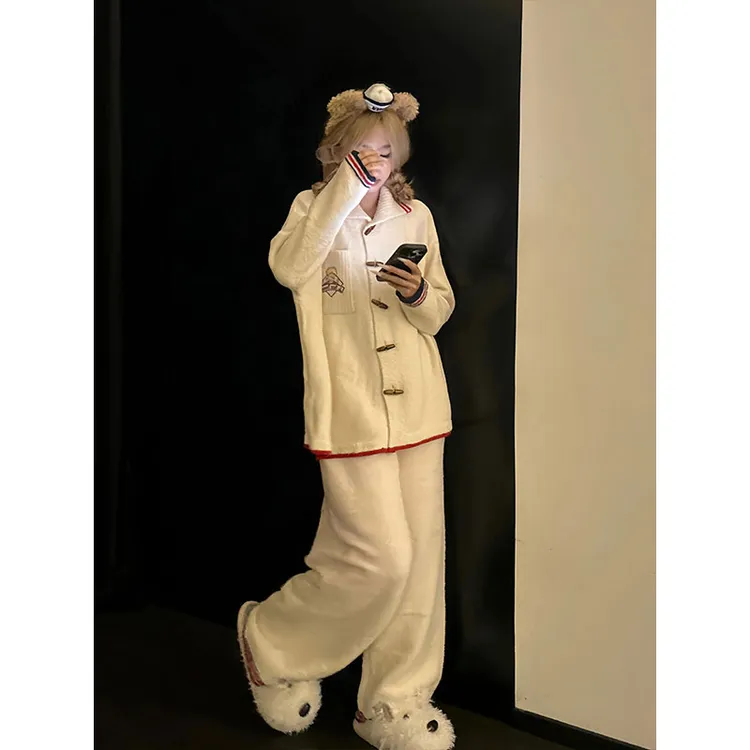 韩系复古设计休闲风牛角扣针织睡衣女甜美秋冬款半边绒家居服套装