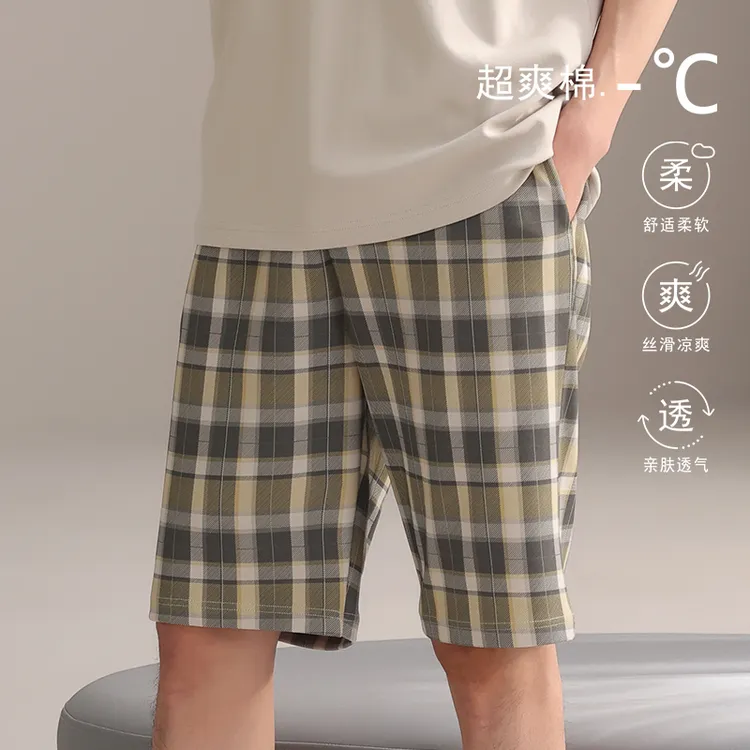 纯棉睡裤男夏季纯棉短裤单条裤时尚格子宽松夏季薄款家居裤睡短裤