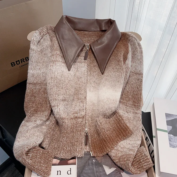 法式高级感皮polo领拼接针织开衫双头拉链慵懒风浣熊绒毛衣外套女