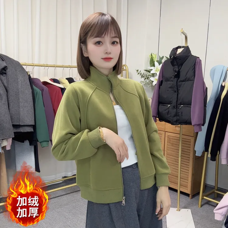 0091加绒加厚冬季立领正肩拉链宽松短款开衫运动休闲卫衣外套女