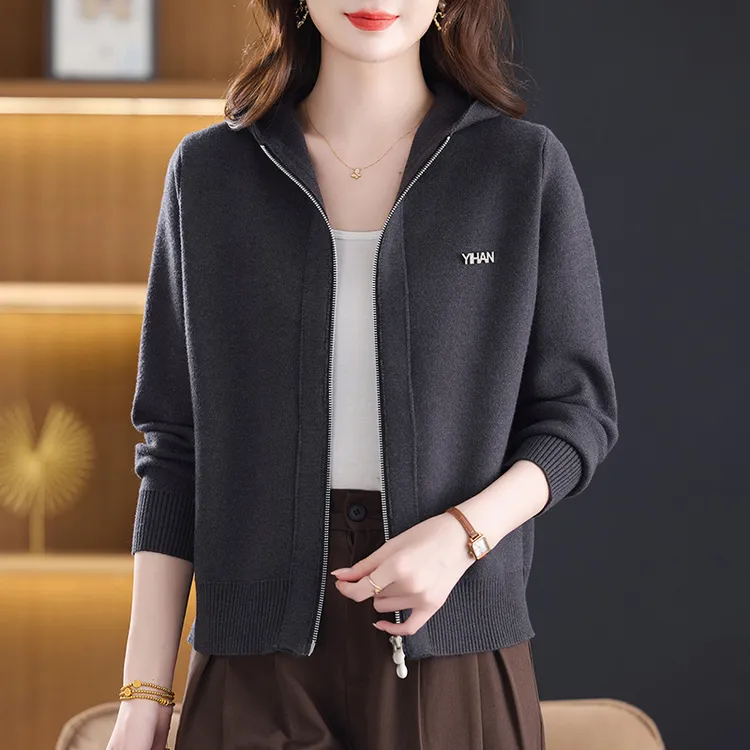 连帽针织衫女士春秋拉链开衫上衣毛衣外套早秋装2025新款女装气质