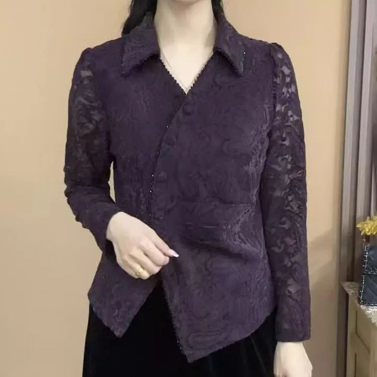 2025秋季新款长袖植绒蕾丝衬衫领开衫气质百搭减龄显瘦女人味上衣