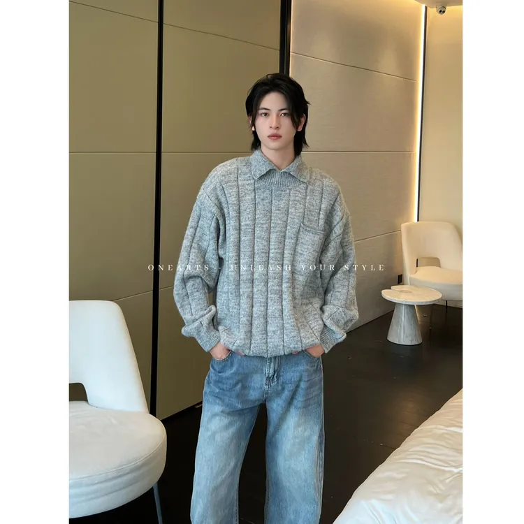 【ONEARTS毛衣】美式潮流翻领针织毛衣男慵懒风高级感宽松休闲毛衣