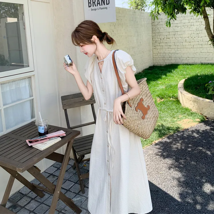 法式浪漫风连衣裙夏季女2025新款氛围感ins风系带收腰气质A字裙潮
