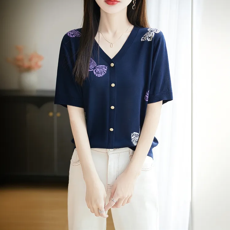 100莱赛尔T恤女V领蝴蝶刺绣短袖开衫女装上衣洋气衣服薄款夏季