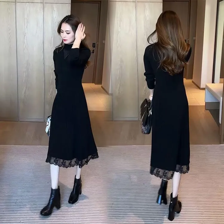 拉夏贝尔蕾丝针织中长款连衣裙秋冬新款修身显瘦红色毛衣打底裙