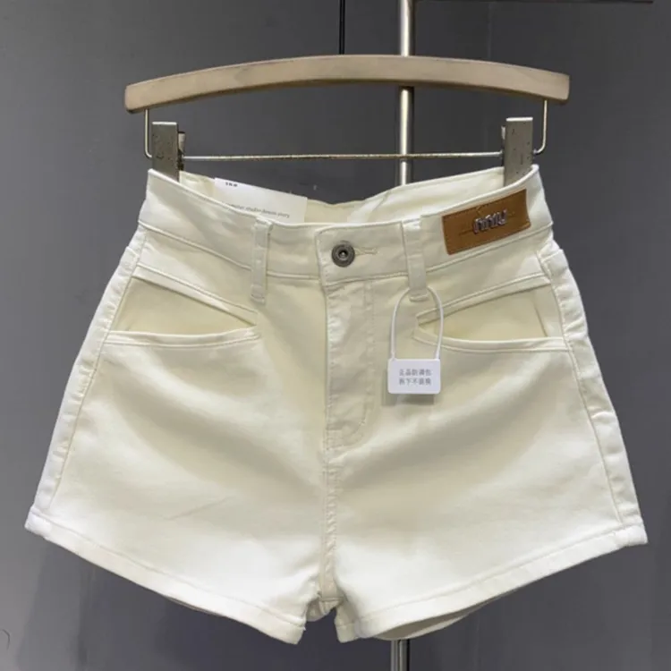 米杏色高腰贴布辣妹牛仔短裤2025年夏季新款弹力提臀显腿长热裤