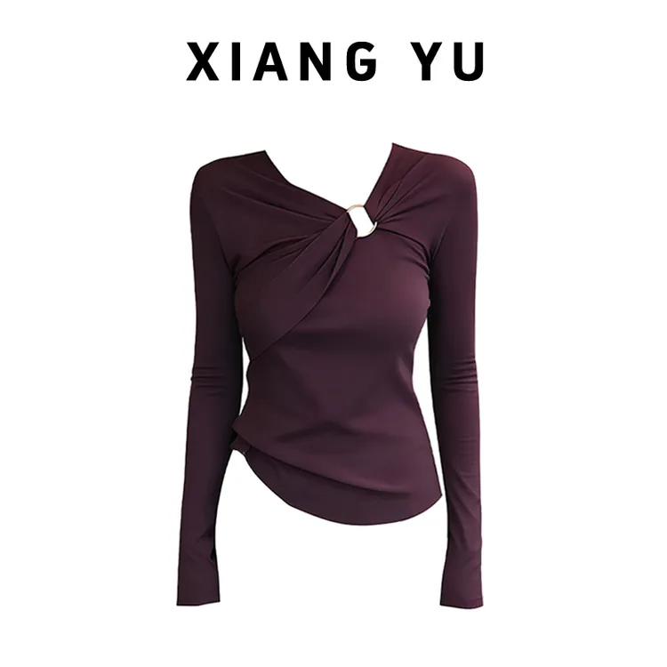 时尚扭结设计感V领长袖T恤女2025秋季新款修身小众别致打底衫上衣