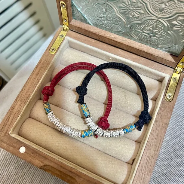 足银手链 祝您一路发财被爱-真手工捶打盘缠红绳手链情侣款